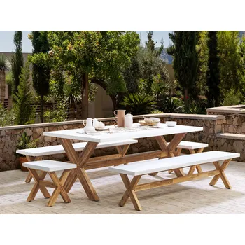 Zahradní sestava Zahradní Jídelní Set bílý Betonový Stůl akátové dřevo 2 Stoličky a 2 Lavice Moderní Design Odolný Vůči Povětrnostním Vlivům Beliani