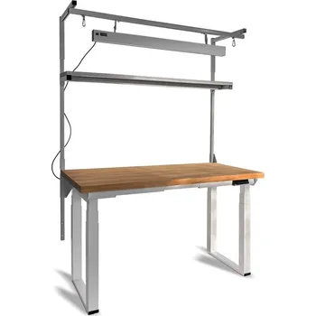 Dílenský stůl Dílenský stůl s elektricky nastavitelnou výškou, buková deska 1500x750 mm, s nástavbou a LED osvětlením