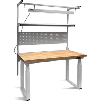 Dílenský stůl Dílenský stůl s elektricky nastavitelnou výškou, buková deska 1500x750 mm, s nástavbou, LED osvětlením a perforovaným panelem