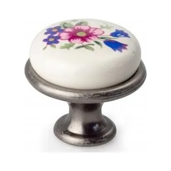 Obraz Nábytková úchytka RETRO GM-390 PORCELÁN KVĚT Antické stříbro + šrouby G49/M1
