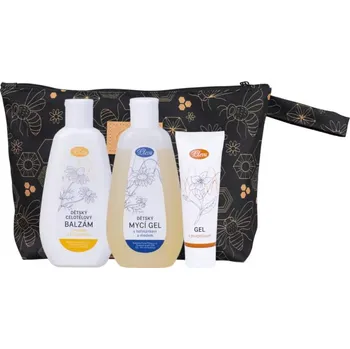 Pleva Dětská kosmetika v taštičce - Dětský mycí gel s heřmánkem a medem 200 g, Dětský celotělový balzám s medem a heřmánkem 200 g, Přírodní gel s propolisem 50 g, kosmetická taštička tmavá - včelí mostiv 17 x 24 cm