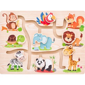 Dřevěná hračka Labirynt, puzzle, posuvné puzzle, přiřazování – Zvířátka