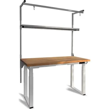 Dílenský stůl Dílenský stůl s elektricky nastavitelnou výškou, buková deska 1500x750 mm, s nástavbou, policí a rampou s jezdci