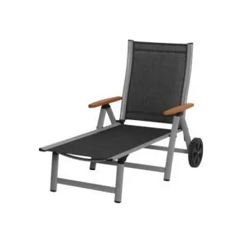 Zahradní lehátko Hliníkové zahradní lehátko s textilním výpletem polohovatelné, dřevěné područky