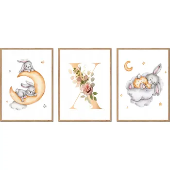 Obraz PLAKÁTY V RÁMU 3ks dětské králíčci měsíc obraz PÍSMENO X P2676_43x53