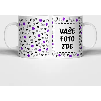 Hrnek s vlastní fotkou a motivem srdíček, tlapek a míčků - 330ml Barva: Fialová