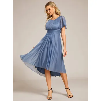 Dámské šaty Asymetrické midi svatební šaty krátkými volánovými rukávy Barva: Mořská, Velikost: 6XL