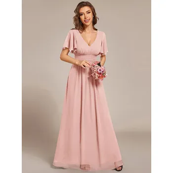 Dámské šaty Šifonové šaty pro družičku s volánkovými rukávy Barva: Růžová, Velikost: S