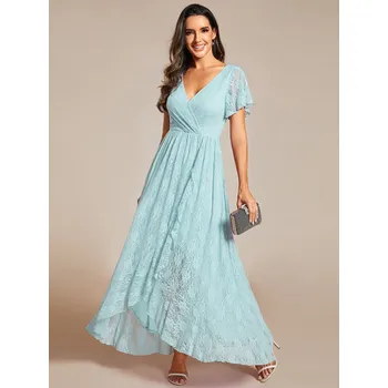 Dámské oblečení Večerní šaty s výstřihem a krátkým průsvitným rukávem Barva: Modrá, Velikost: M