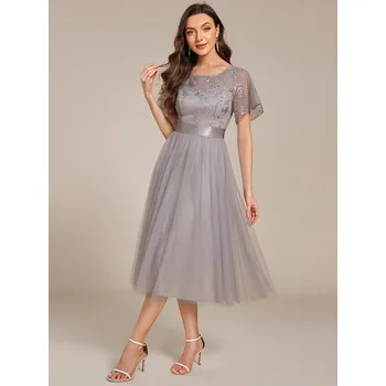 Dámské šaty tylové šaty pro družičku s kulatým výstřihem Barva: Šedá, Velikost: 5XL