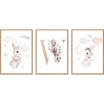 Obraz SADA 3 OBRAZŮ V RÁMU dětské králíčci zajíčci PÍSMENO W P2647_A5