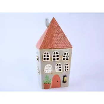 Bytová dekorace Ego Dekor Keramický domeček na čajovou svíčku VOCHOMŮRKA, svícen DOMEČEK NA NÁMĚSTÍ, barva: šedá krémová, výška: 31cm|MyScandi