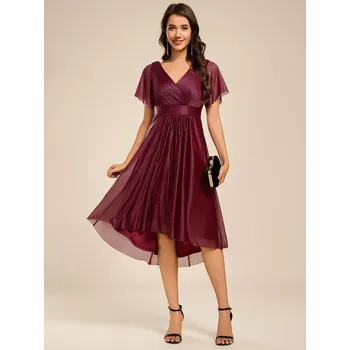 Dámské šaty Elegantní svatební šaty s volánkovým rukávem a asymetrickým lemem Barva: Bordová, Velikost: XL