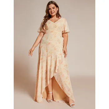 Dámské šaty Šifonové šaty pro družičky s výstřihem do V a volánky Barva: Zlatá, Velikost: 5XL