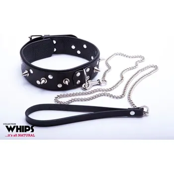 Pánské erotické prádlo WHIPS Leather Collar with Studs and Leash for Him, obojek s ostny a vodítkem