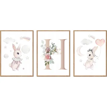 Obraz SADA 3 OBRAZŮ V RÁMU dětské králíčci zajíčci PÍSMENO H P2633_A5