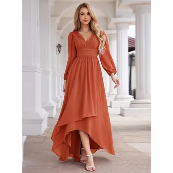 Dámské šaty Maxi šifonové večerní šaty s dlouhými rukávy Barva: Oranžová, Velikost: 4XL