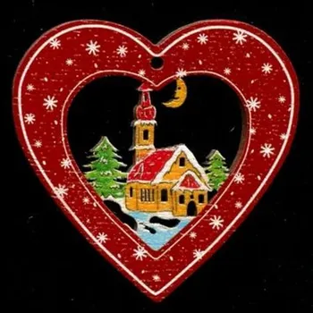 Vánoční dekorace AMADEA Dřevěná ozdoba barevná srdce s kostelem 6 cm