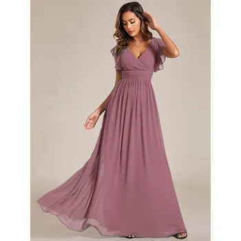 Dámské šaty Šaty pro družičky s výstřihem do V, páskem, volánky Barva: Purpurová, Velikost: 4XL