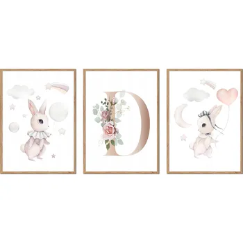 Obraz SADA 3 OBRAZŮ V RÁMU dětské králíčci zajíčci PÍSMENO D P2629_A5