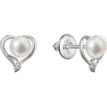 Zlaté 14 karátové náušnice srdce bílé zlato s říční perlou a brilianty 81PB00054