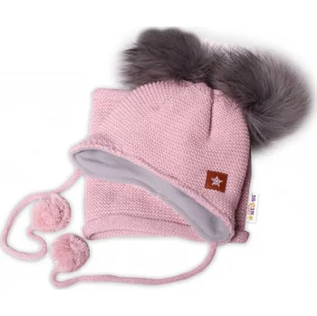 Módní doplněk Zimní čepice s fleecem a chlupáčkové bambulky Star + komínek - pudrová, Velikost koj. oblečení 68-86 (6-18m)