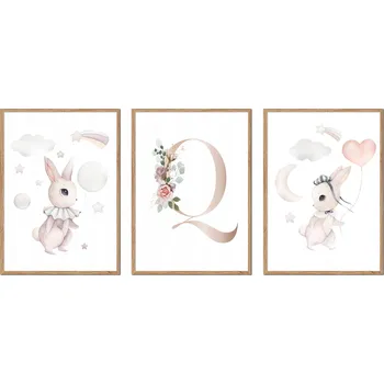 Obraz SADA 3 OBRAZŮ V RÁMU dětské králíčci zajíčci PÍSMENO Q P2650_A5