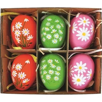 Velikonoční dekorace Anděl Přerov, s.ro. Vajíčka plastová s barevným dekorem na zavěšení 6 cm, 6 ks v krabičce