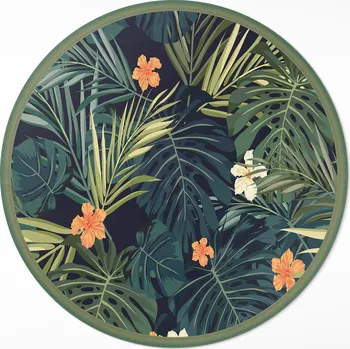 Koberec Kulatý Koberec Vinyl průměr 90 cm Tropické rostliny, listy a vintage květy