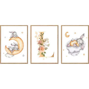 Obraz PLAKÁTY V RÁMU 3ks dětské králíčci králík obrázek PÍSMENO L P2663_A5