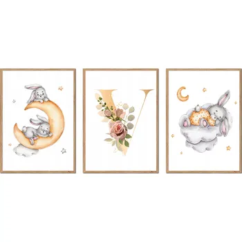 Obraz PLAKÁTY V RÁMU 3ks dětské králíčci králík obrázek PÍSMENO V P2674_A4