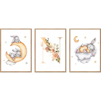 Obraz PLAKÁTY V RÁMU 3ks dětské králíčci králík obrázek PÍSMENO N P2665_A4
