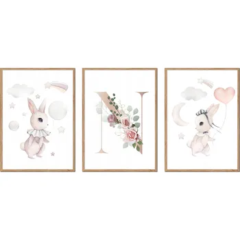 Obraz SADA 3 OBRAZŮ V RÁMU dětské králíčci zajíčci PÍSMENO N P2639_A4