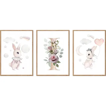 Obraz SADA 3 OBRAZŮ V RÁMU dětské králíčci zajíčci PÍSMENO I P2634_A4