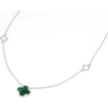 Náhrdelník Dámský stříbrný náhrdelník se čtyřlístky s malachitem STNAH204F