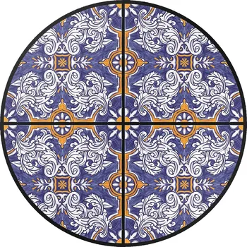 Koberec Kulatý Koberec Vinyl PVC fi 130 cm Stylové dlaždice s rostlinnými ozdobami