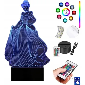 Lampička LAMPKA na SKLE Popelka Disney 3D LED RGB + DÁLKOVÝ OVLADAČ 16 BAREV