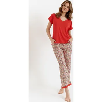 Dámské pyžamo Červené dámské dlouhé pyžamo s květovanými kalhotami Cana 453 kr/r S-XL Bambus Velikost: XL, Barva: Červená