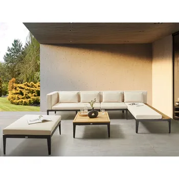 Sedací souprava 4místná zahradní rohová sedací souprava světlé certifikované akáciové dřevo s taburetem levostranná světle béžové polštáře s konferenčním stolkem Beliani