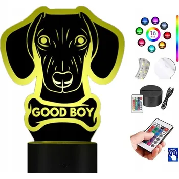 Lampička LAMPA na SKLE Jezevčík Pes 3D LED RGB DÁLKOVÝ OVLADAČ 16 BAREV