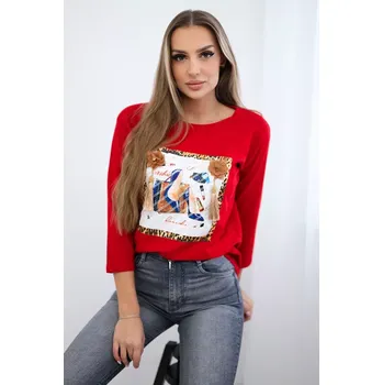Dámská halenka Halenka s 3D grafikou a ozdobným pom pom červená Kesi červená 3094316