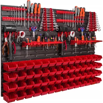 Obraz Dílenská nástěnná deska / panel na nářadí 115x78 cm, 56 boxů / kuvet, háky a držáky