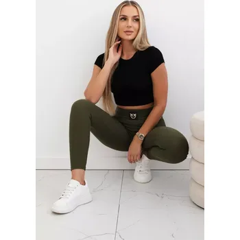 Dámské legíny Khaki žebrované legíny s vysokým pasem Kesi hnědá 3086558