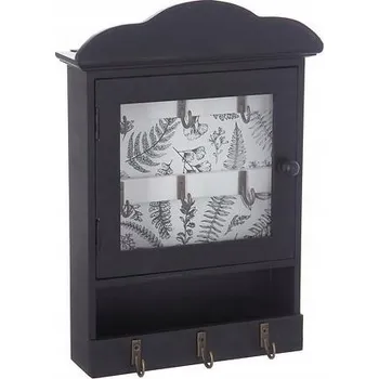 Skříňka na klíč SKŘÍŇKA NA KLÍČE černá 9 HÁČKŮ sklo, kov a MDF