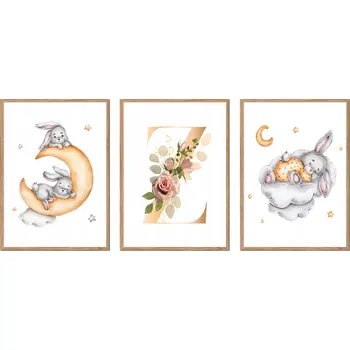 Obraz PLAKÁTY V RÁMU 3ks dětské králíčci měsíc obrázek PÍSMENO Z P2677_43x53
