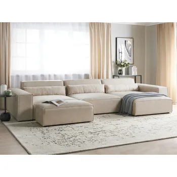 Pohovka Levá 3místná modulární pohovka s otomanem béžová sametová rozkládací pohovka s černými nohami moderní obývací pokoj Beliani
