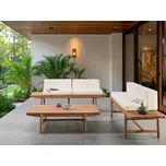 Zahradní sedací souprava světlé akáciové dřevo bílé polštáře 4místná 2 lavice konferenční stolek moderní rustikální styl exteriér Beliani