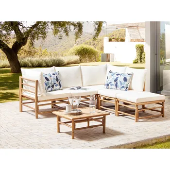 Sedací souprava Zahradní modulární rohová sedací souprava off-white bambusové polštáře 5 míst s konferenčním stolkem venkovní s boho designem Beliani