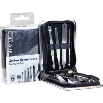 INTER-VION_SET Černá kožená sada na manikúru zastřihovač + nůžky + pilník + pinzeta + nůžky + háček + zatlačovač kůžičky