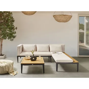 Sedací souprava 3místná zahradní rohová sedací souprava světlé certifikované akáciové dřevo levostranná světle béžové polštáře s konferenčním stolkem Beliani